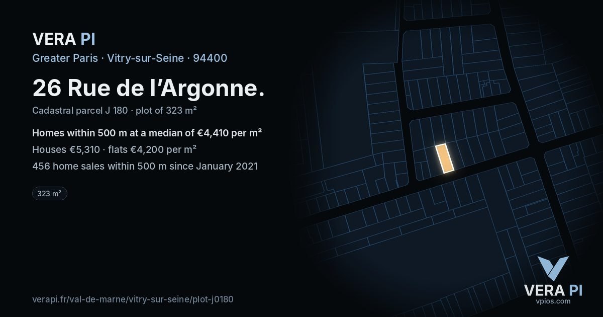 26 Rue de l’Argonne, Vitry-sur-Seine at night – the plot lit, the parcels around coloured by the prices near them