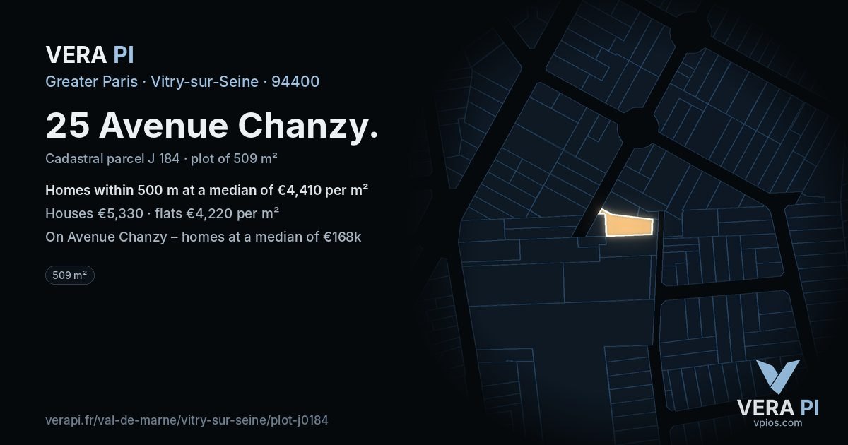 25 Avenue Chanzy, Vitry-sur-Seine at night – the plot lit, the parcels around coloured by the prices near them