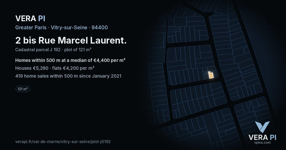 2 bis Rue Marcel Laurent, Vitry-sur-Seine at night – the plot lit, the parcels around coloured by the prices near them