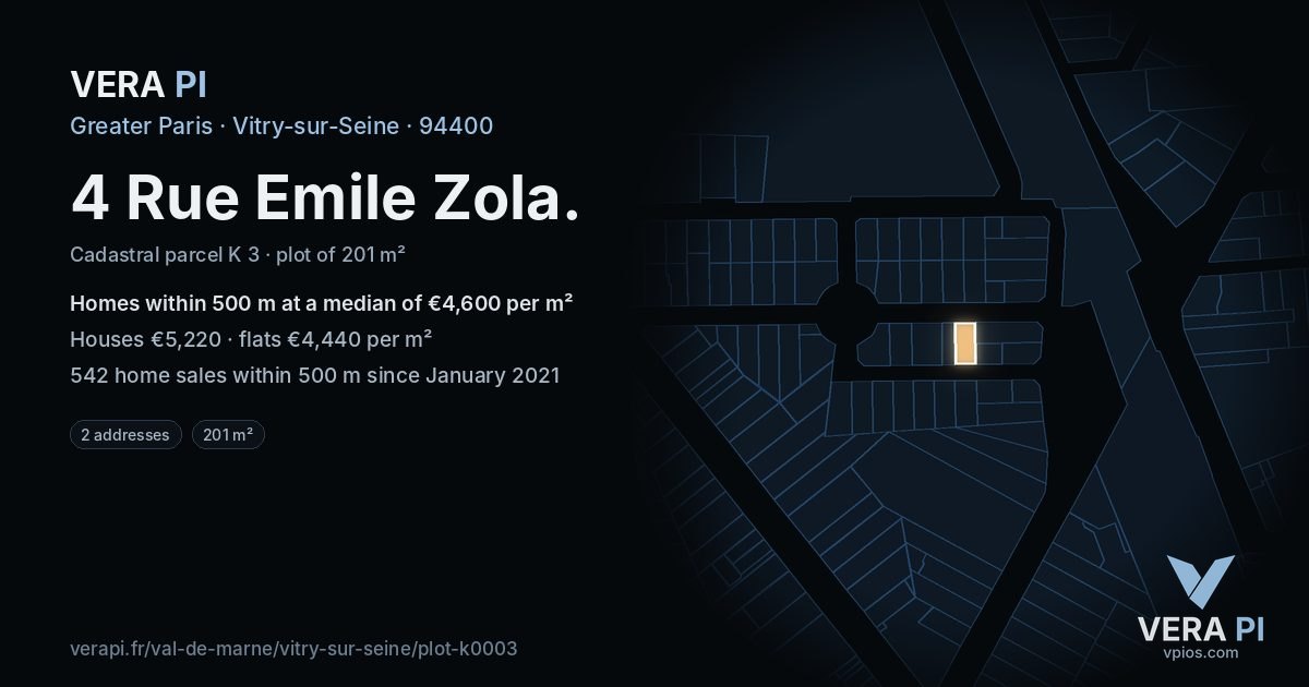 4 Rue Emile Zola, Vitry-sur-Seine at night – the plot lit, the parcels around coloured by the prices near them
