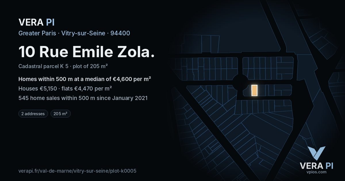 10 Rue Emile Zola, Vitry-sur-Seine at night – the plot lit, the parcels around coloured by the prices near them