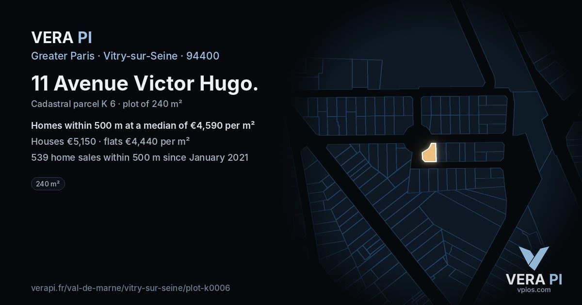 11 Avenue Victor Hugo, Vitry-sur-Seine at night – the plot lit, the parcels around coloured by the prices near them