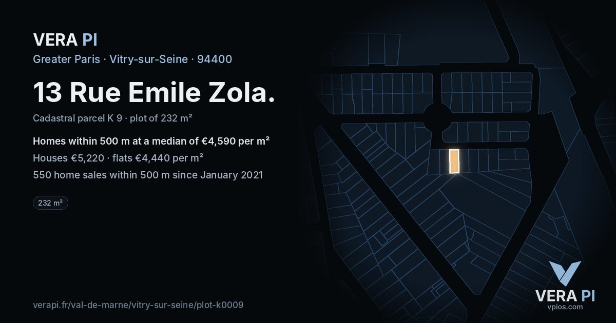 13 Rue Emile Zola, Vitry-sur-Seine at night – the plot lit, the parcels around coloured by the prices near them