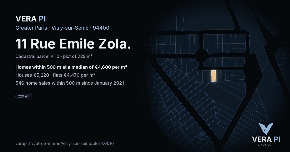 11 Rue Emile Zola, Vitry-sur-Seine at night – the plot lit, the parcels around coloured by the prices near them