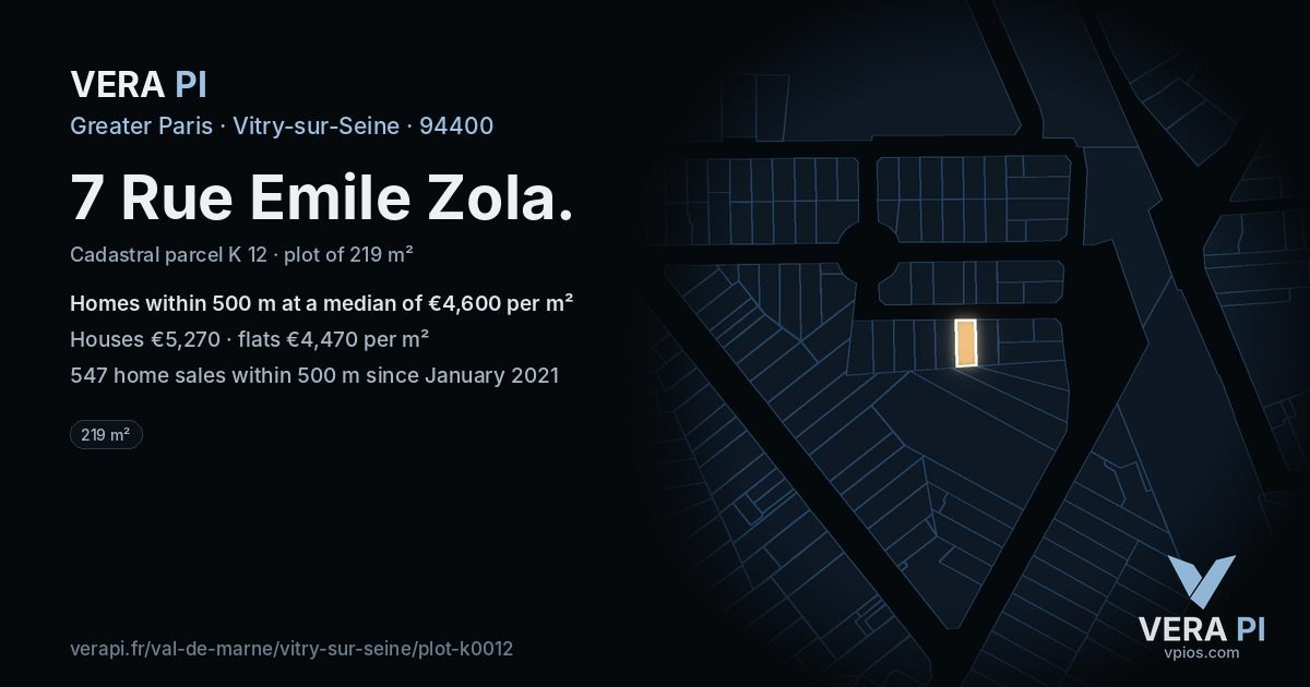7 Rue Emile Zola, Vitry-sur-Seine at night – the plot lit, the parcels around coloured by the prices near them