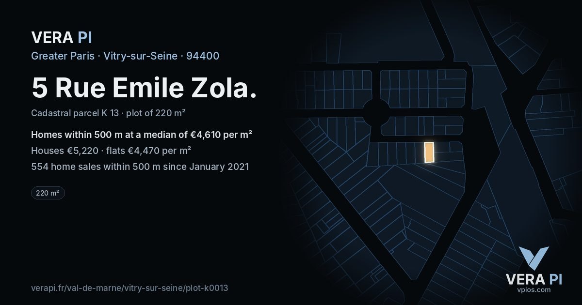 5 Rue Emile Zola, Vitry-sur-Seine at night – the plot lit, the parcels around coloured by the prices near them