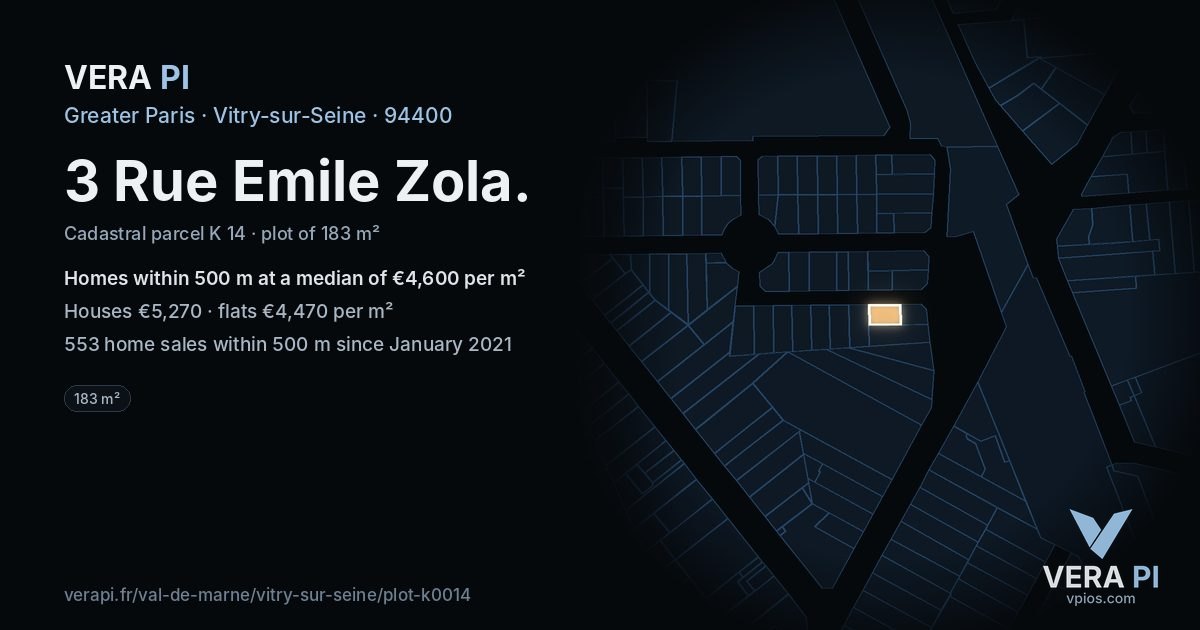 3 Rue Emile Zola, Vitry-sur-Seine at night – the plot lit, the parcels around coloured by the prices near them