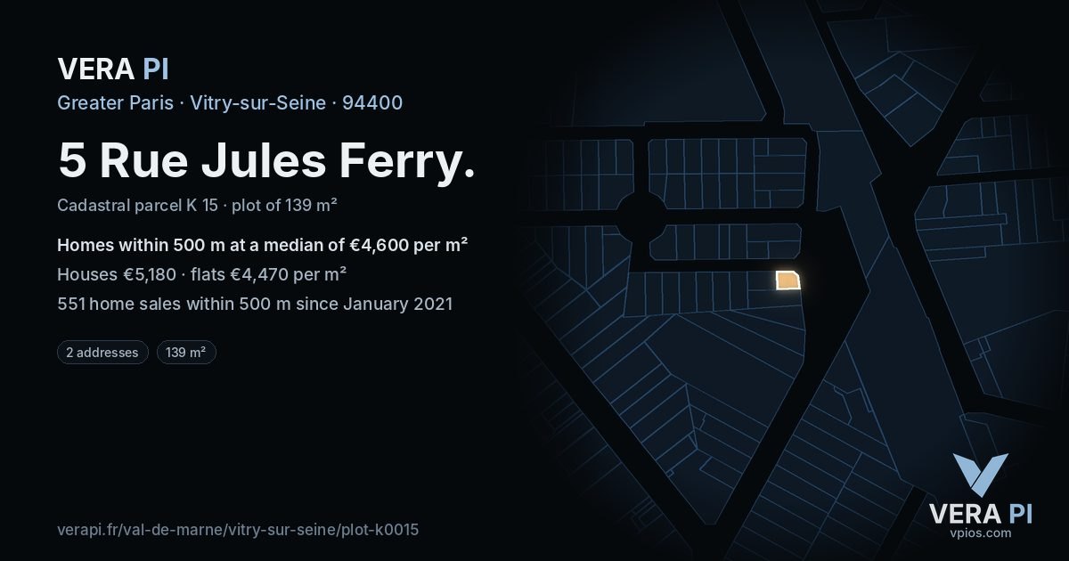 5 Rue Jules Ferry, Vitry-sur-Seine at night – the plot lit, the parcels around coloured by the prices near them