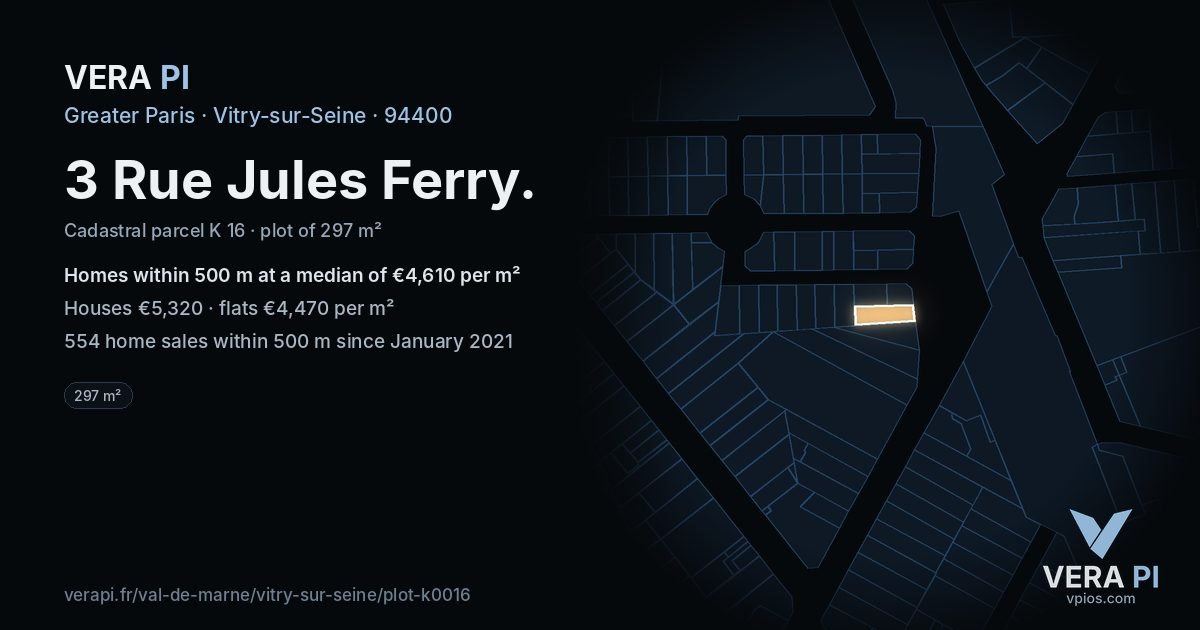 3 Rue Jules Ferry, Vitry-sur-Seine at night – the plot lit, the parcels around coloured by the prices near them