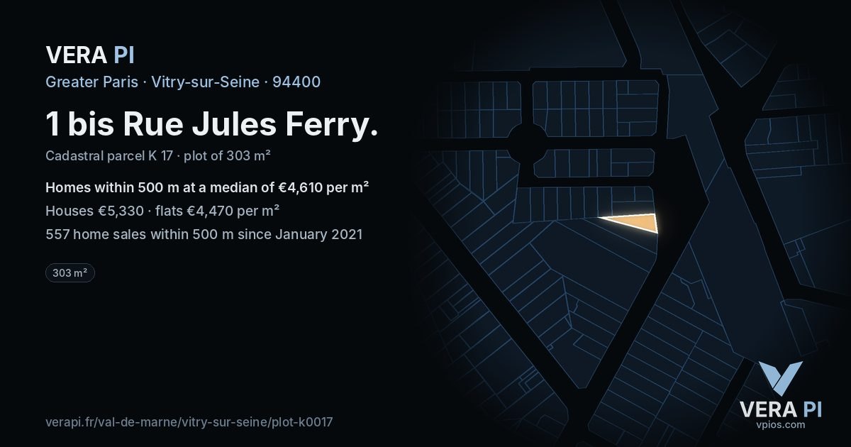 1 bis Rue Jules Ferry, Vitry-sur-Seine at night – the plot lit, the parcels around coloured by the prices near them