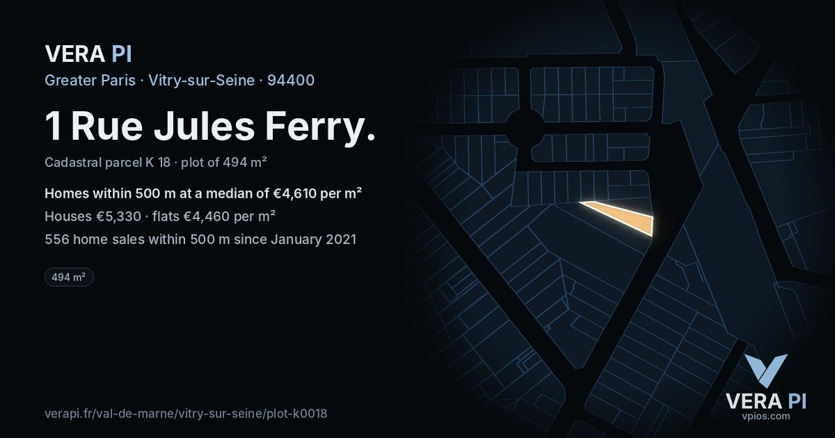1 Rue Jules Ferry, Vitry-sur-Seine at night – the plot lit, the parcels around coloured by the prices near them