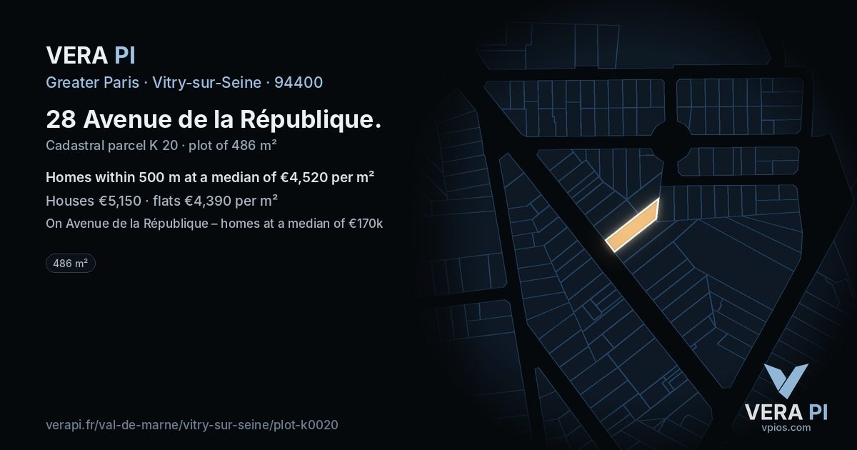 28 Avenue de la République, Vitry-sur-Seine at night – the plot lit, the parcels around coloured by the prices near them