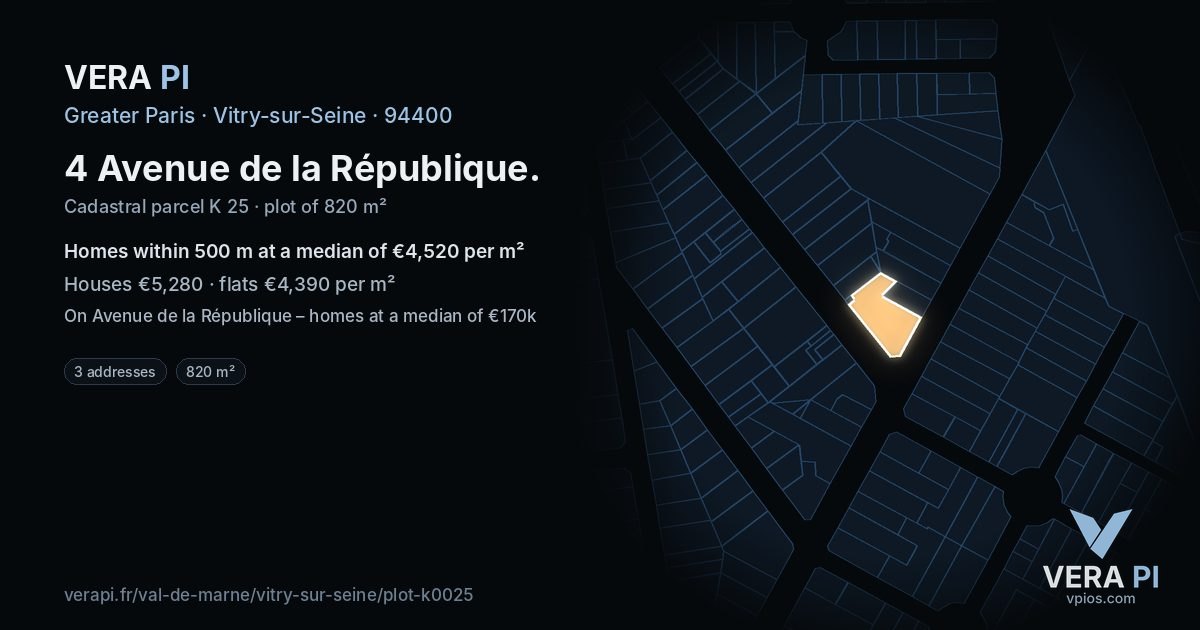 4 Avenue de la République, Vitry-sur-Seine at night – the plot lit, the parcels around coloured by the prices near them