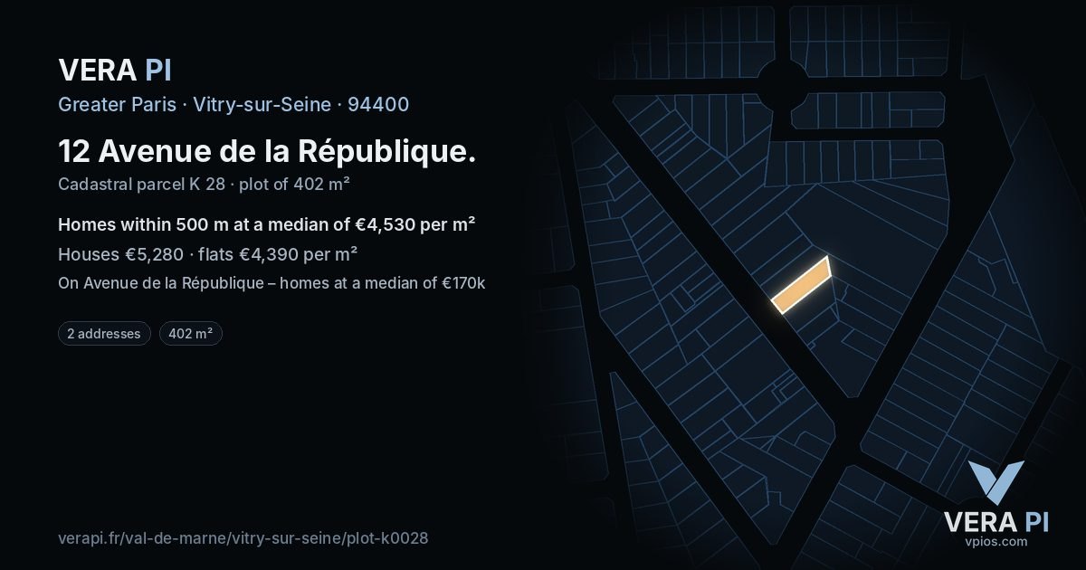 12 Avenue de la République, Vitry-sur-Seine at night – the plot lit, the parcels around coloured by the prices near them