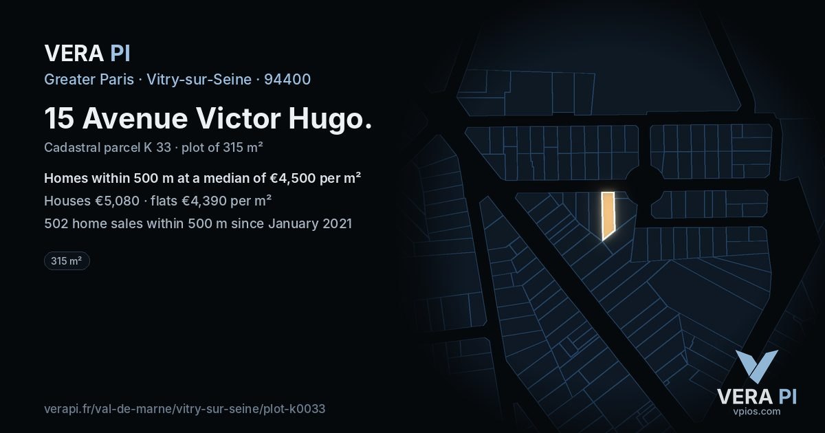 15 Avenue Victor Hugo, Vitry-sur-Seine at night – the plot lit, the parcels around coloured by the prices near them