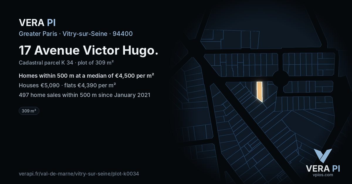 17 Avenue Victor Hugo, Vitry-sur-Seine at night – the plot lit, the parcels around coloured by the prices near them