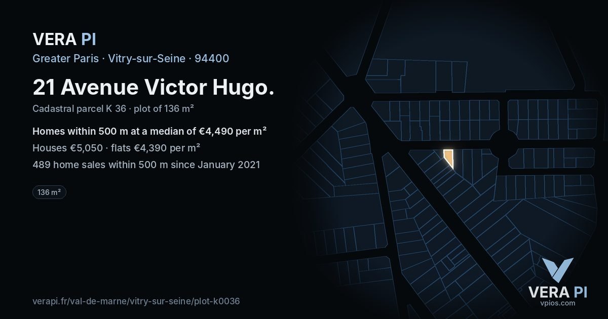 21 Avenue Victor Hugo, Vitry-sur-Seine at night – the plot lit, the parcels around coloured by the prices near them