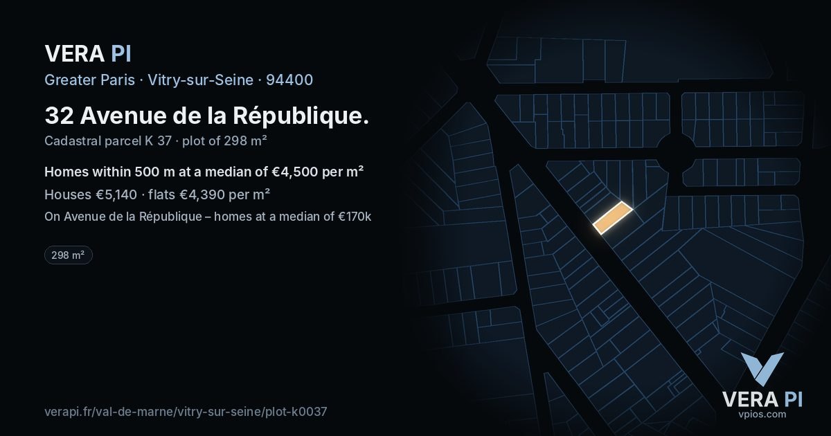 32 Avenue de la République, Vitry-sur-Seine at night – the plot lit, the parcels around coloured by the prices near them