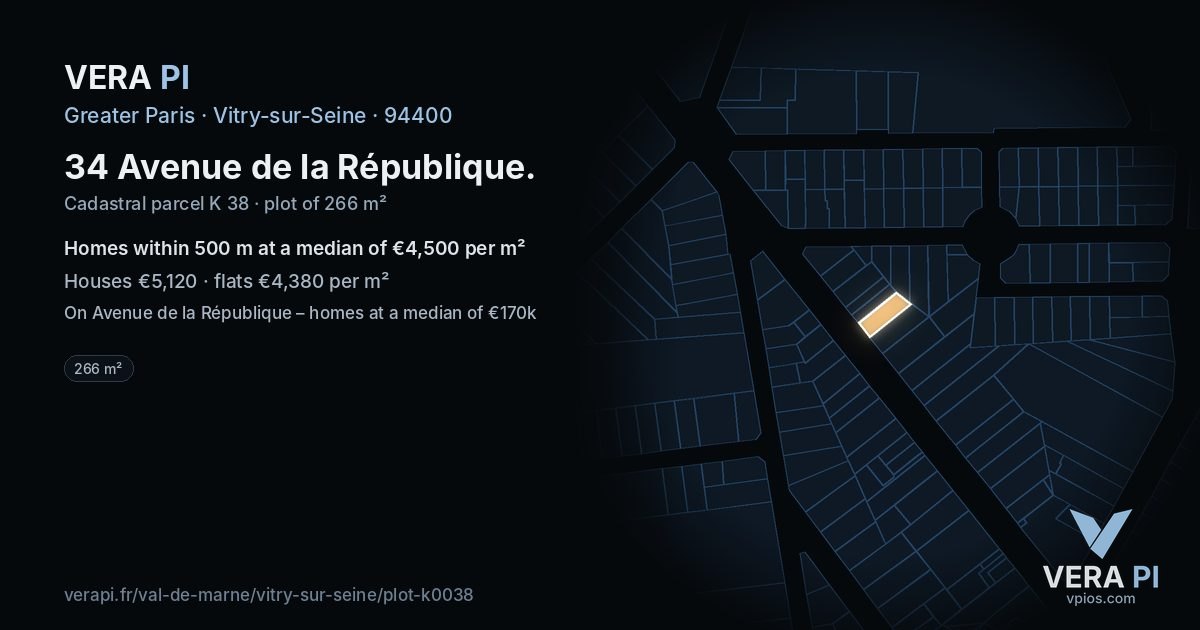 34 Avenue de la République, Vitry-sur-Seine at night – the plot lit, the parcels around coloured by the prices near them