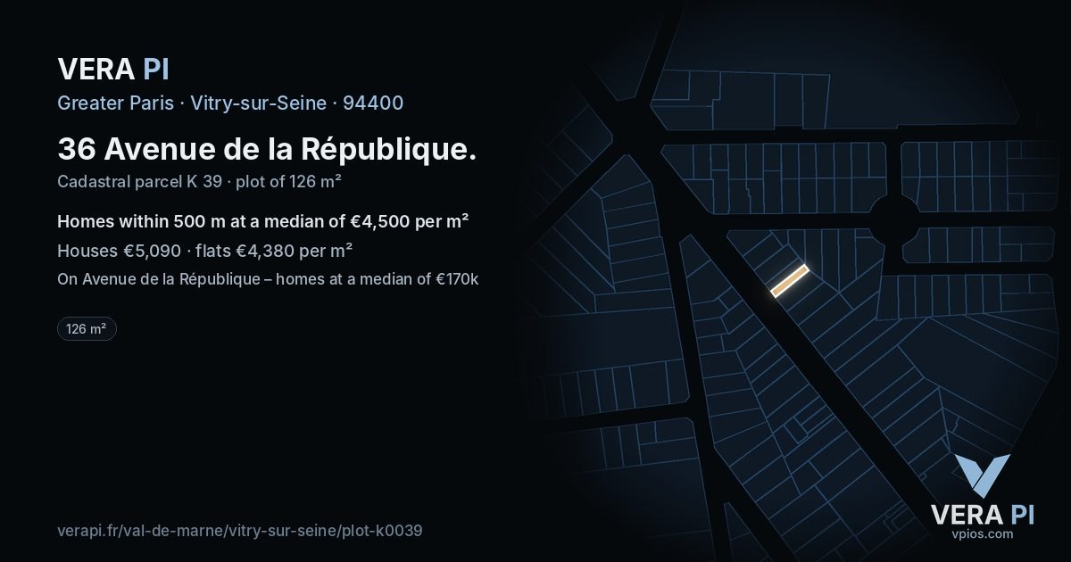 36 Avenue de la République, Vitry-sur-Seine at night – the plot lit, the parcels around coloured by the prices near them