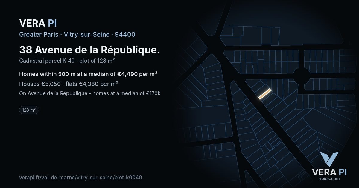 38 Avenue de la République, Vitry-sur-Seine at night – the plot lit, the parcels around coloured by the prices near them