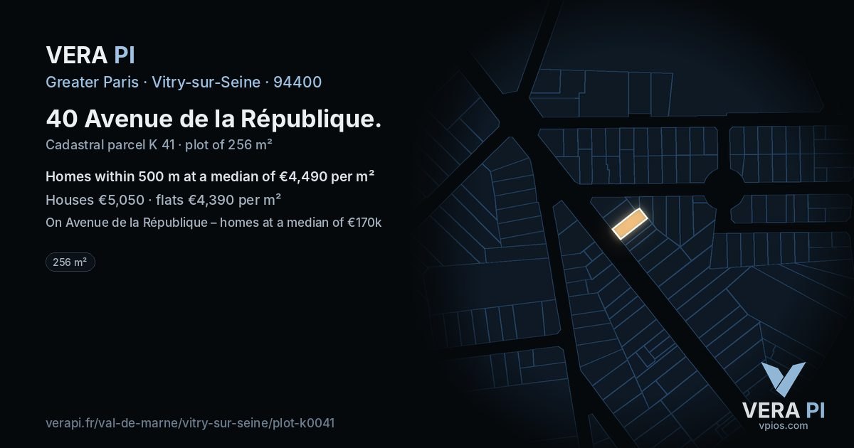 40 Avenue de la République, Vitry-sur-Seine at night – the plot lit, the parcels around coloured by the prices near them