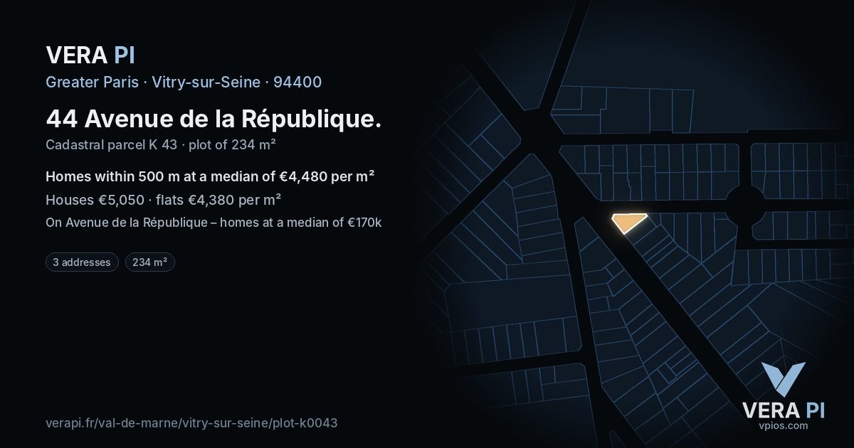 44 Avenue de la République, Vitry-sur-Seine at night – the plot lit, the parcels around coloured by the prices near them