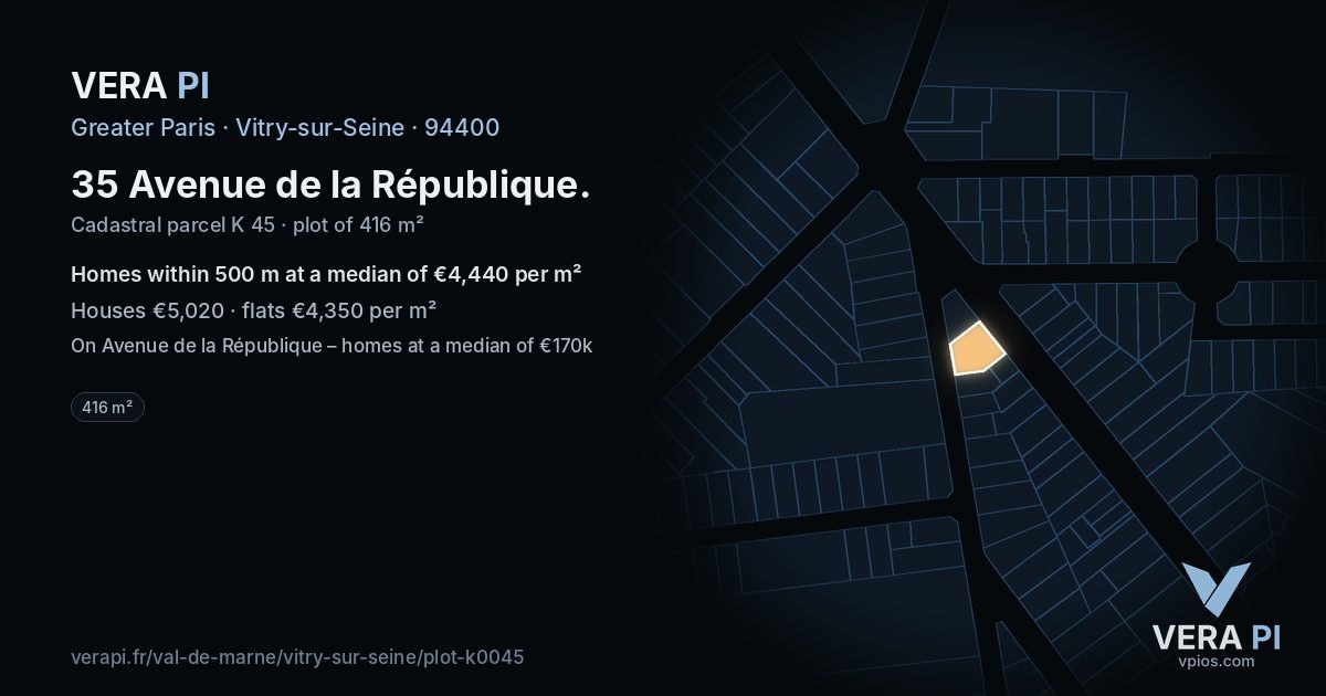 35 Avenue de la République, Vitry-sur-Seine at night – the plot lit, the parcels around coloured by the prices near them