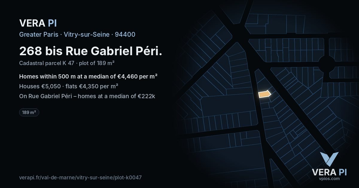 268 bis Rue Gabriel Péri, Vitry-sur-Seine at night – the plot lit, the parcels around coloured by the prices near them