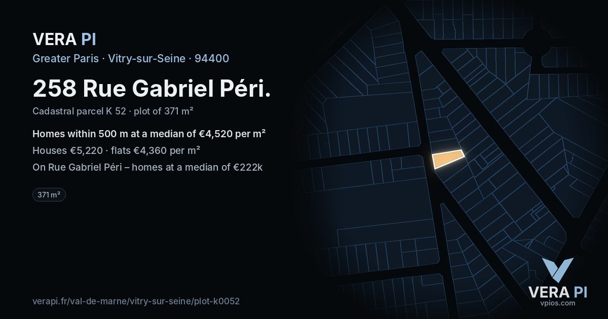 258 Rue Gabriel Péri, Vitry-sur-Seine at night – the plot lit, the parcels around coloured by the prices near them