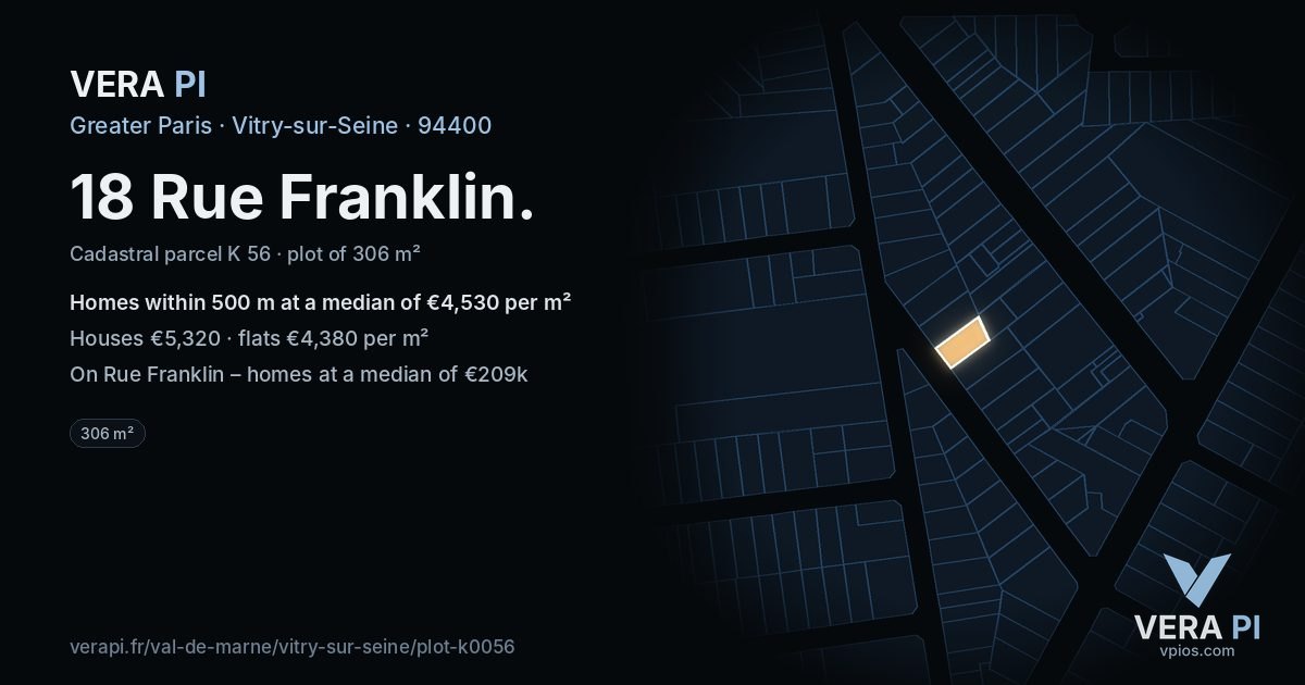 18 Rue Franklin, Vitry-sur-Seine at night – the plot lit, the parcels around coloured by the prices near them