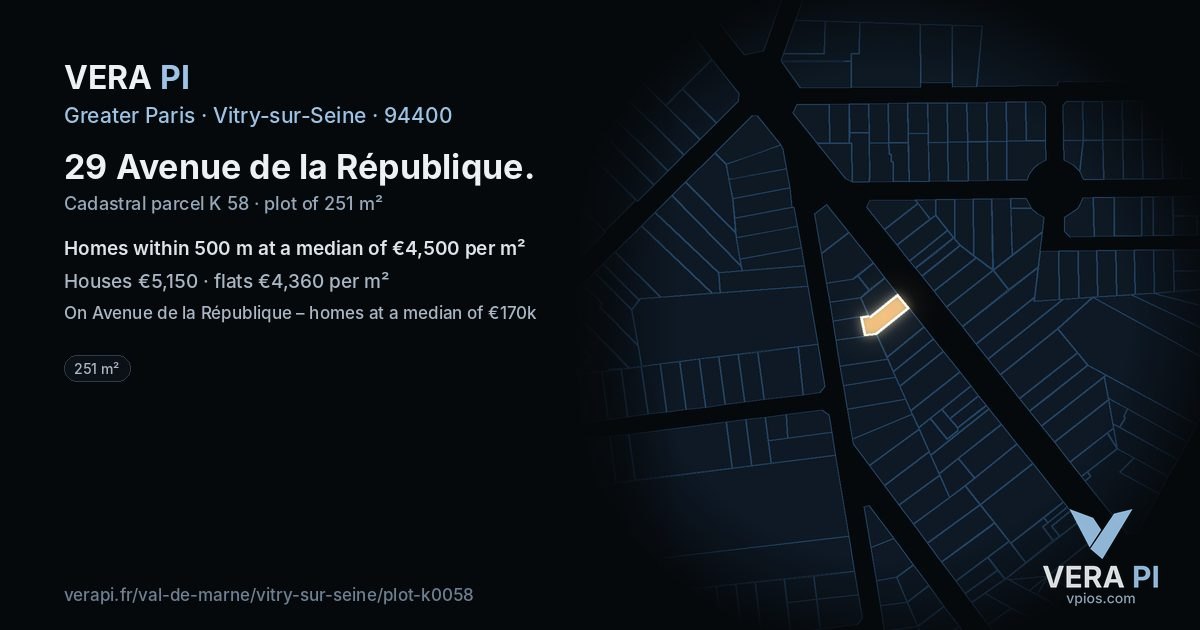 29 Avenue de la République, Vitry-sur-Seine at night – the plot lit, the parcels around coloured by the prices near them