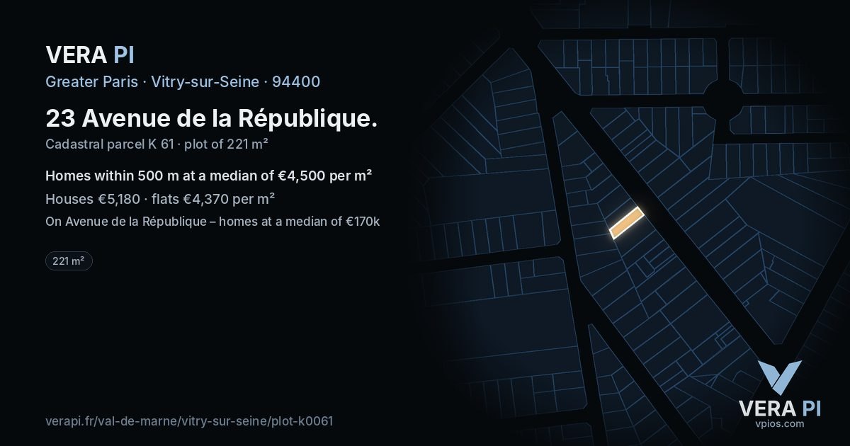 23 Avenue de la République, Vitry-sur-Seine at night – the plot lit, the parcels around coloured by the prices near them