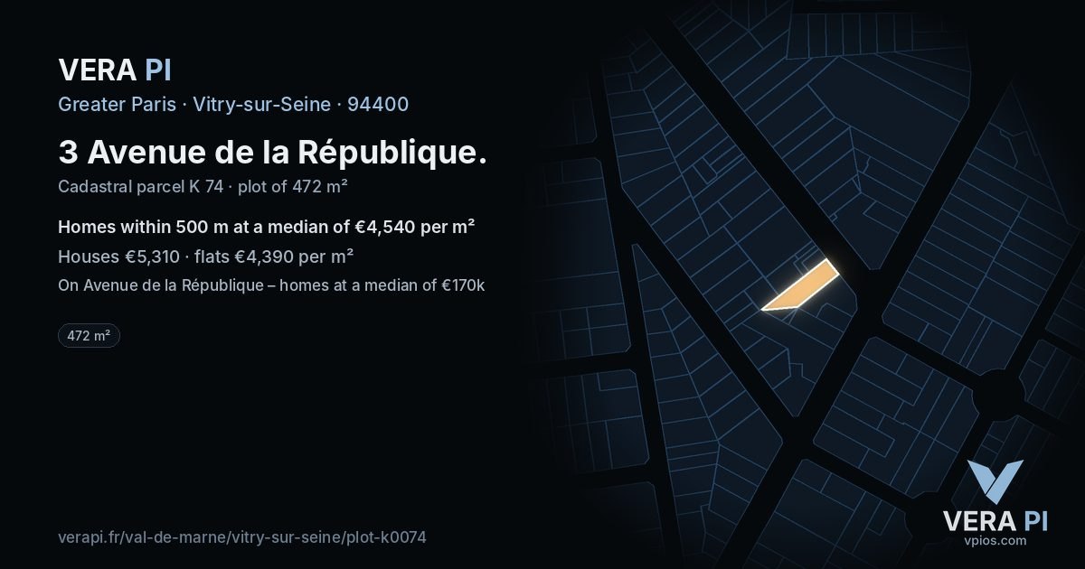 3 Avenue de la République, Vitry-sur-Seine at night – the plot lit, the parcels around coloured by the prices near them