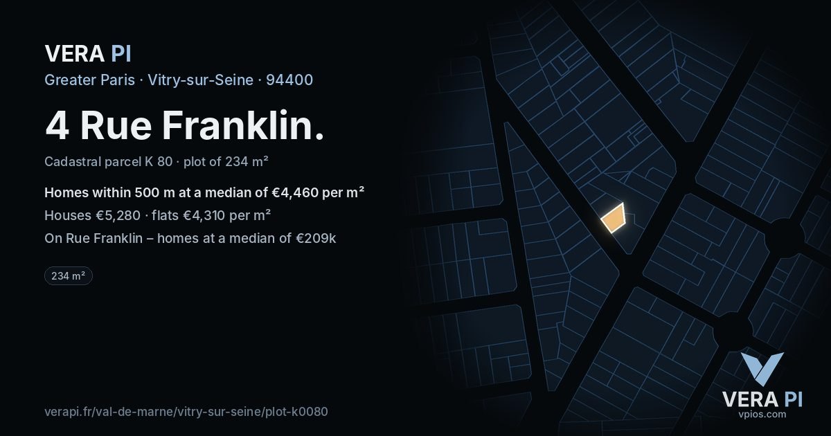 4 Rue Franklin, Vitry-sur-Seine at night – the plot lit, the parcels around coloured by the prices near them