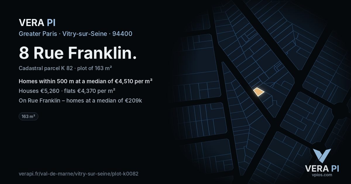 8 Rue Franklin, Vitry-sur-Seine at night – the plot lit, the parcels around coloured by the prices near them