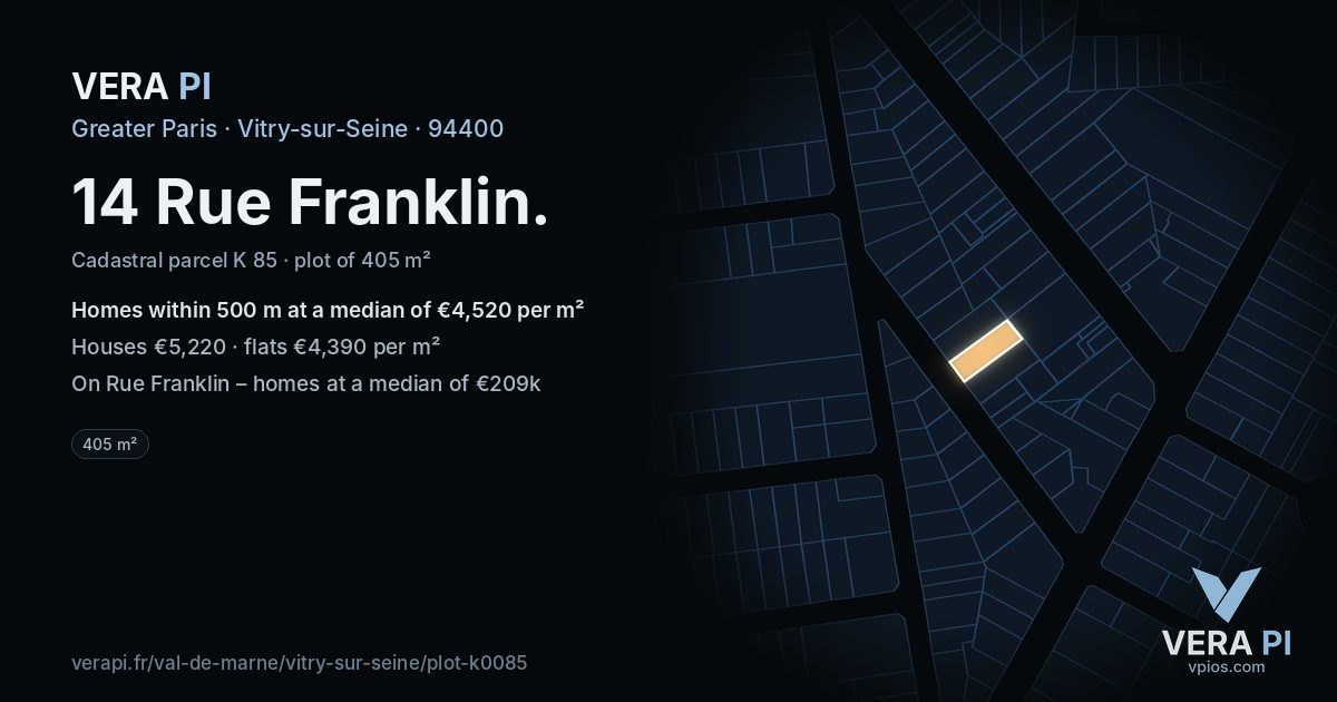 14 Rue Franklin, Vitry-sur-Seine at night – the plot lit, the parcels around coloured by the prices near them
