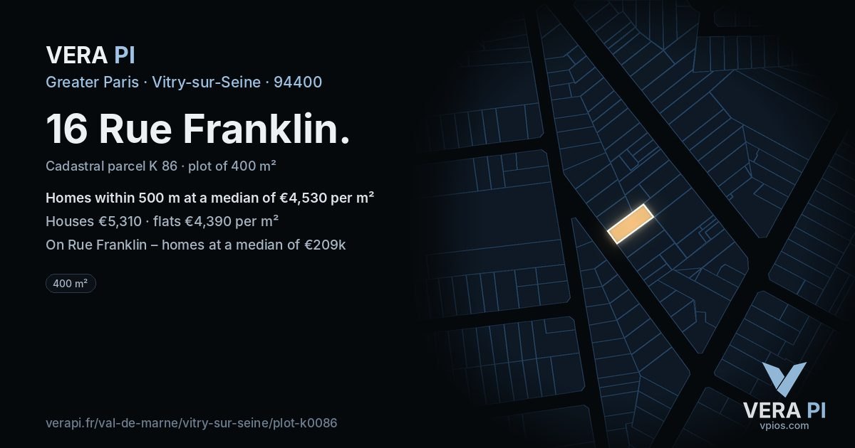 16 Rue Franklin, Vitry-sur-Seine at night – the plot lit, the parcels around coloured by the prices near them