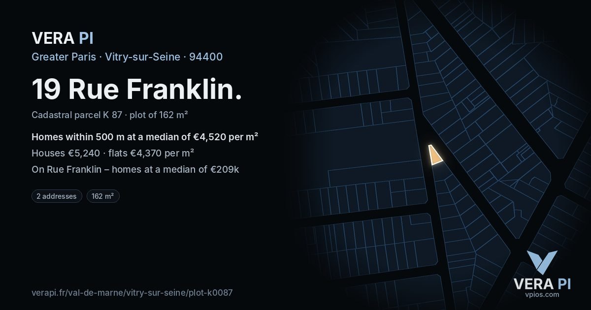 19 Rue Franklin, Vitry-sur-Seine at night – the plot lit, the parcels around coloured by the prices near them