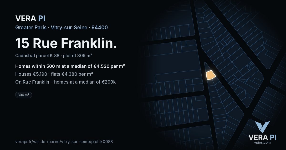 15 Rue Franklin, Vitry-sur-Seine at night – the plot lit, the parcels around coloured by the prices near them