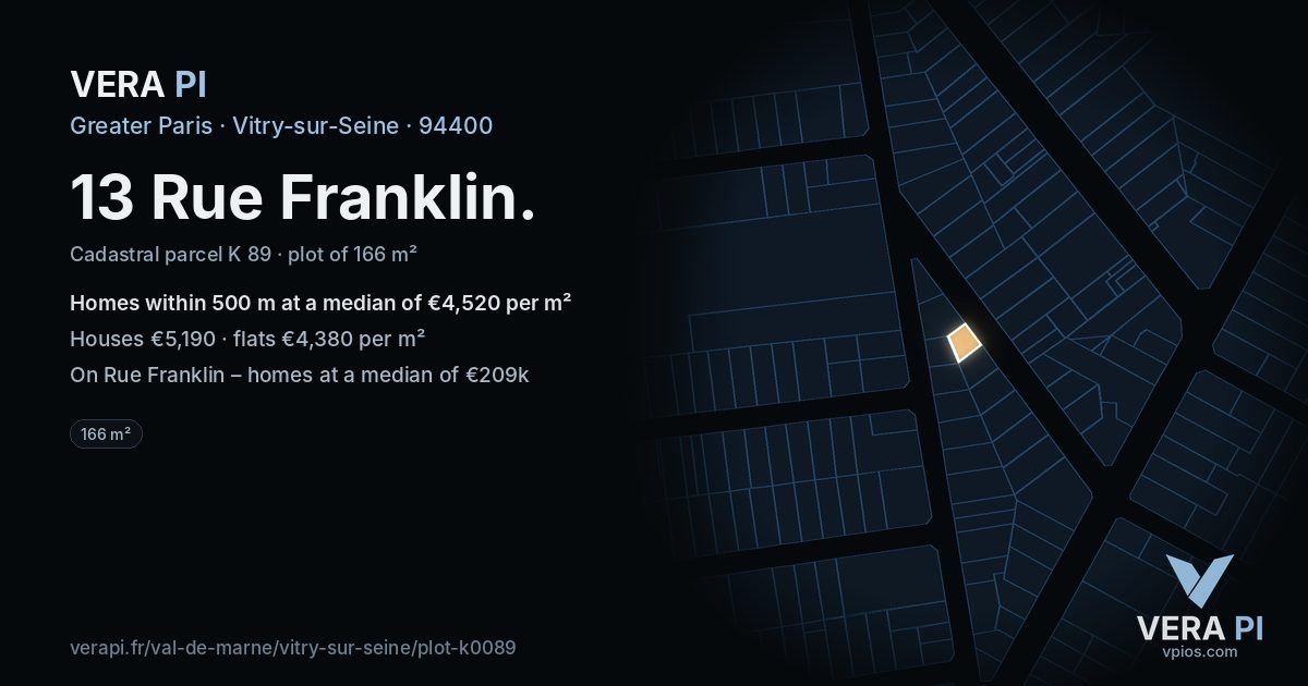 13 Rue Franklin, Vitry-sur-Seine at night – the plot lit, the parcels around coloured by the prices near them