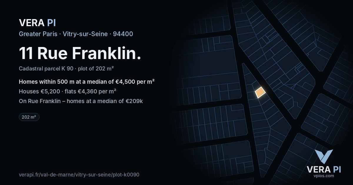 11 Rue Franklin, Vitry-sur-Seine at night – the plot lit, the parcels around coloured by the prices near them