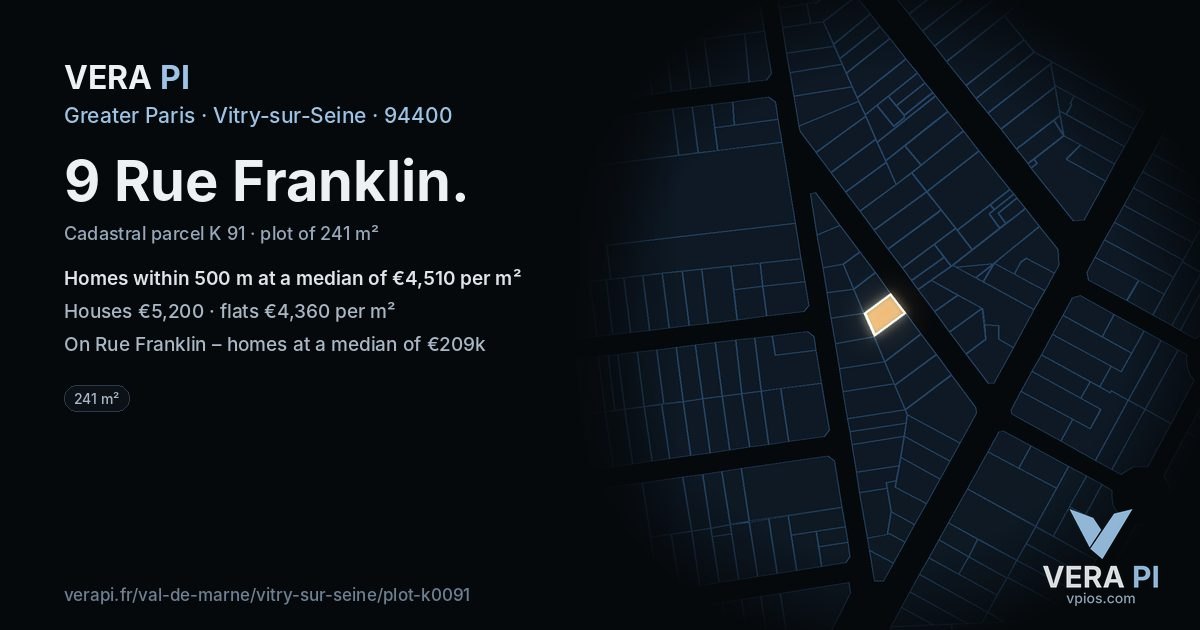 9 Rue Franklin, Vitry-sur-Seine at night – the plot lit, the parcels around coloured by the prices near them
