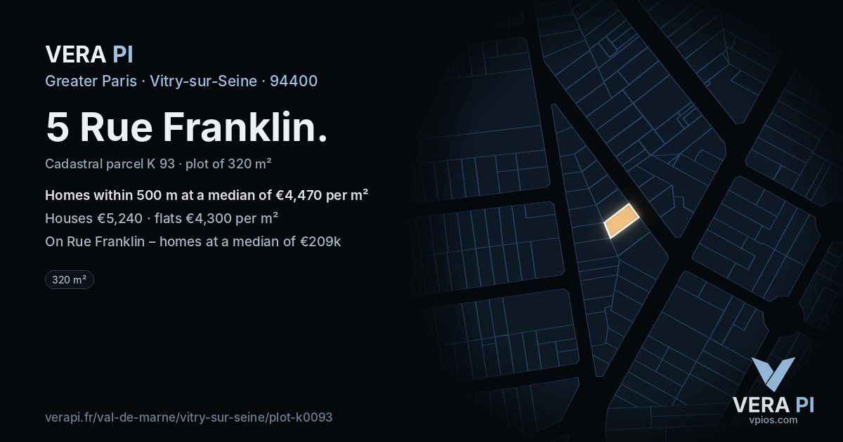 5 Rue Franklin, Vitry-sur-Seine at night – the plot lit, the parcels around coloured by the prices near them