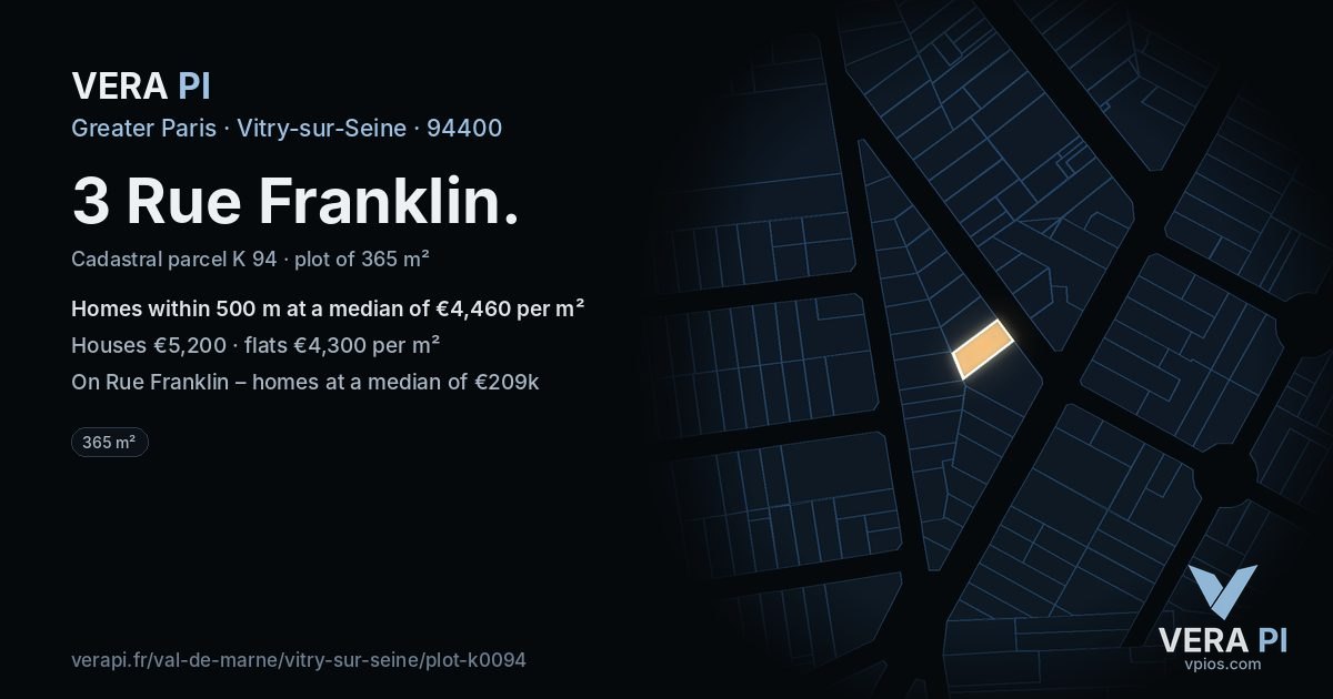 3 Rue Franklin, Vitry-sur-Seine at night – the plot lit, the parcels around coloured by the prices near them