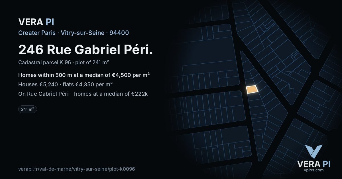 246 Rue Gabriel Péri, Vitry-sur-Seine at night – the plot lit, the parcels around coloured by the prices near them