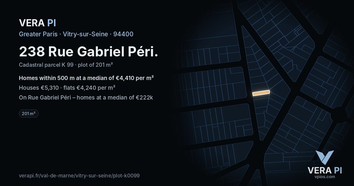238 Rue Gabriel Péri, Vitry-sur-Seine at night – the plot lit, the parcels around coloured by the prices near them