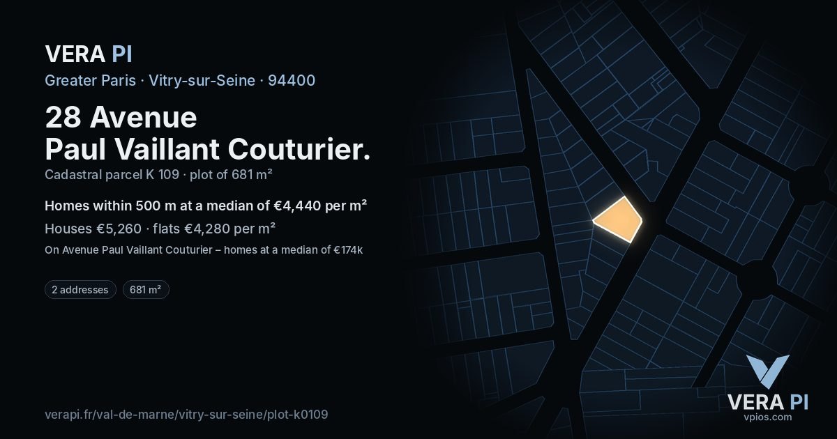 28 Avenue Paul Vaillant Couturier, Vitry-sur-Seine at night – the plot lit, the parcels around coloured by the prices near them