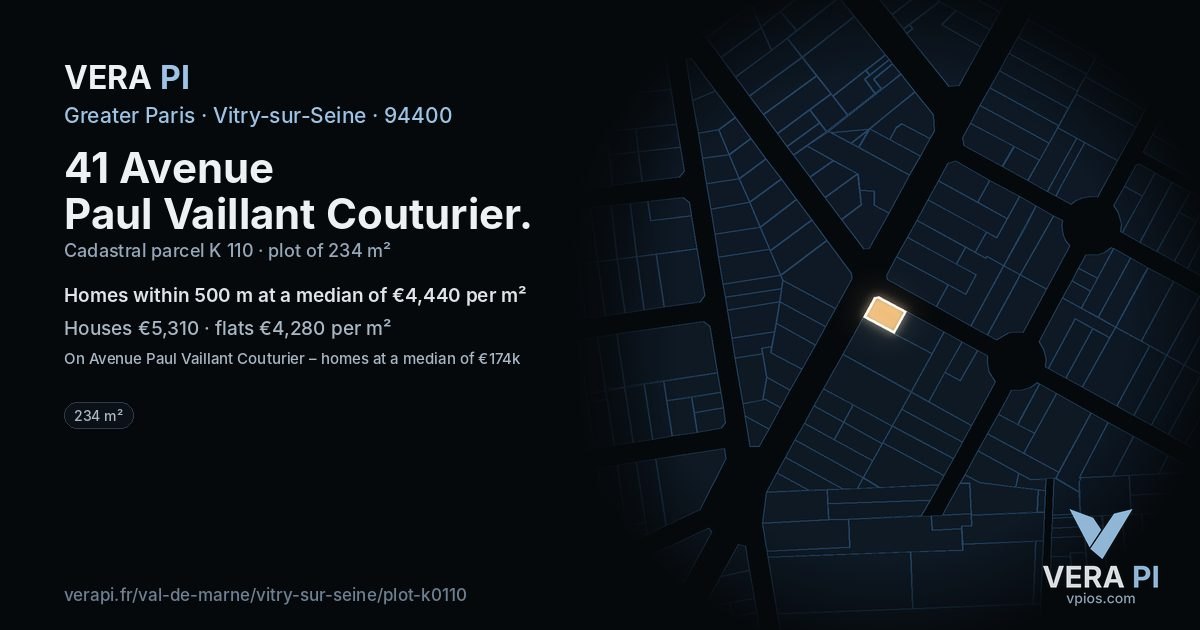 41 Avenue Paul Vaillant Couturier, Vitry-sur-Seine at night – the plot lit, the parcels around coloured by the prices near them