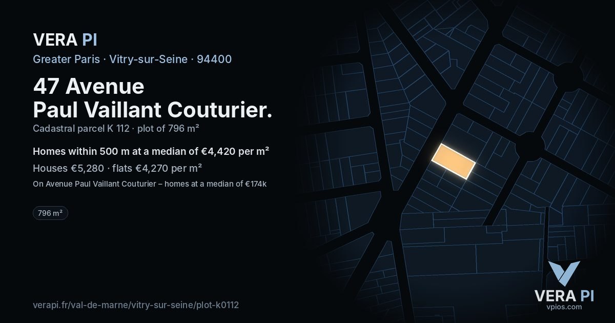 47 Avenue Paul Vaillant Couturier, Vitry-sur-Seine at night – the plot lit, the parcels around coloured by the prices near them